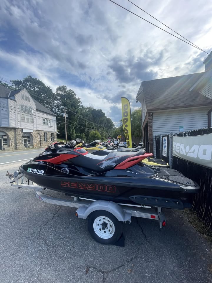 Personal watercraft lined up outside the Lake Hopatcong Motorsports shop